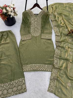 mehendi silk blend readymade suit with embroidery & sequence work 4