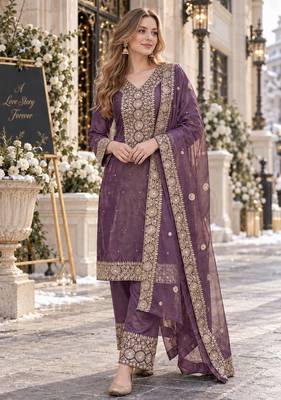 purple silk blend readymade suit with embroidery & sequence work 1