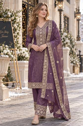 purple silk blend readymade suit with embroidery & sequence work