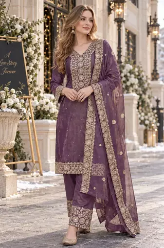 purple silk blend readymade suit with embroidery & sequence work