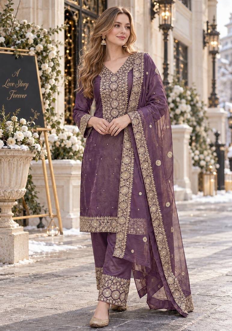 purple silk blend readymade suit with embroidery & sequence work