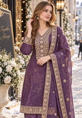 purple silk blend readymade suit with embroidery & sequence work 2