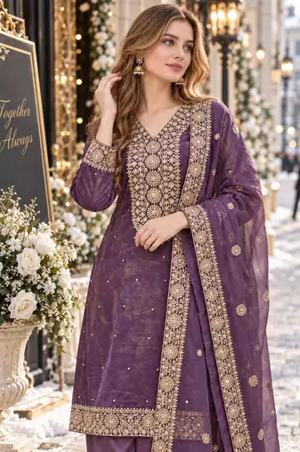 purple silk blend readymade suit with embroidery & sequence work