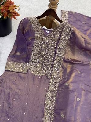 purple silk blend readymade suit with embroidery & sequence work 3