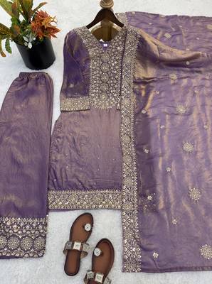 purple silk blend readymade suit with embroidery & sequence work 4