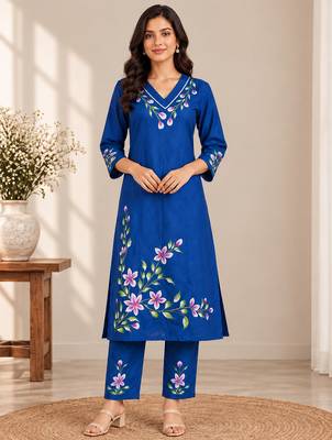 Royal blue cotton blend handpainted kurta set 1