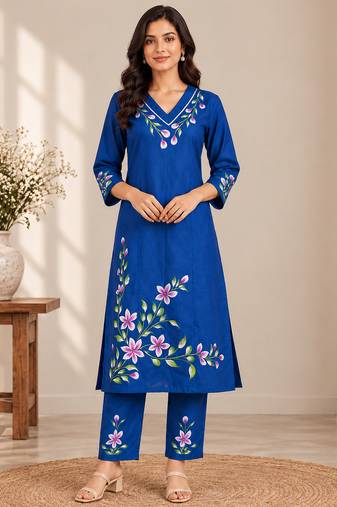 Royal blue cotton blend handpainted kurta set