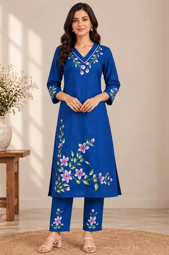 Royal blue cotton blend handpainted kurta set