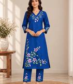 Royal blue cotton blend handpainted kurta set