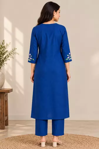 Royal blue cotton blend handpainted kurta set