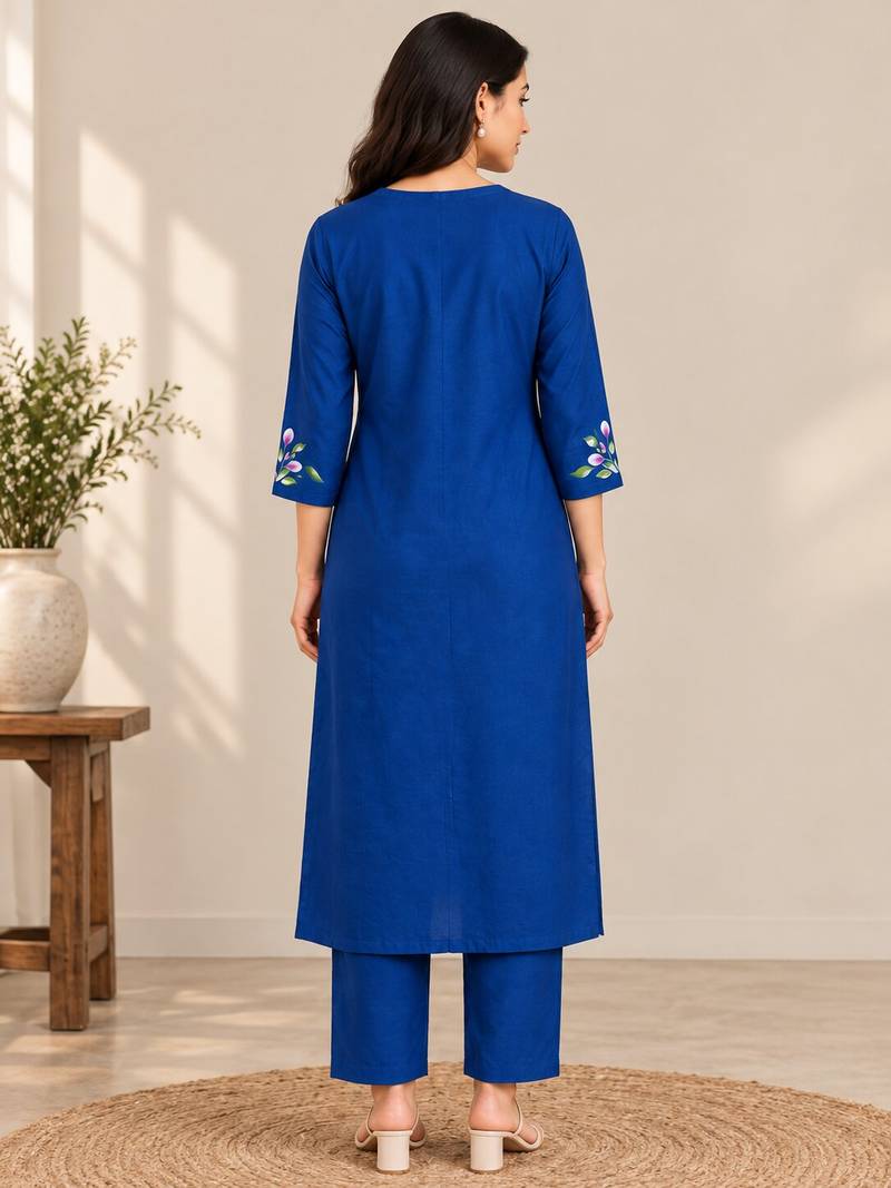 Royal blue cotton blend handpainted kurta set