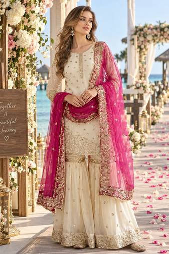 white&pink silk blend readymade suit with embroidery & sequence work