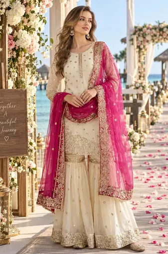 white&pink silk blend readymade suit with embroidery & sequence work