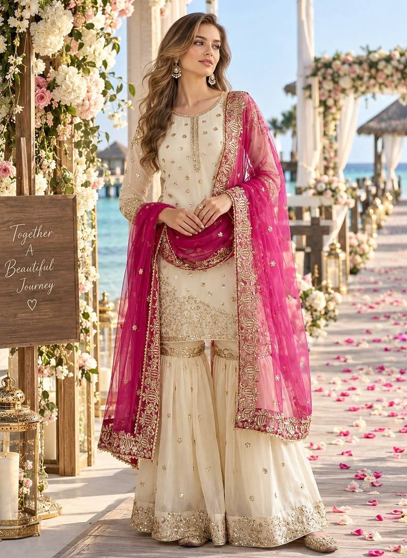 white&pink silk blend readymade suit with embroidery & sequence work
