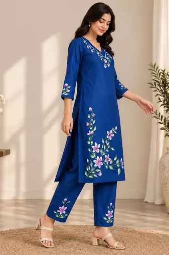 Royal blue cotton blend handpainted kurta set