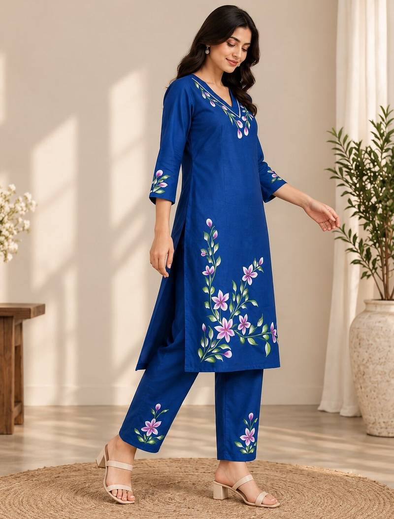 Royal blue cotton blend handpainted kurta set