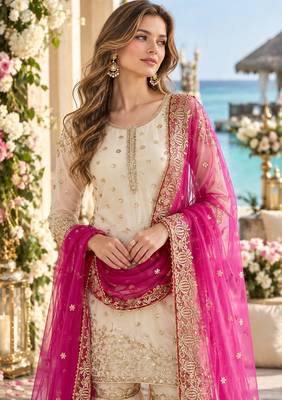 white&pink silk blend readymade suit with embroidery & sequence work 2