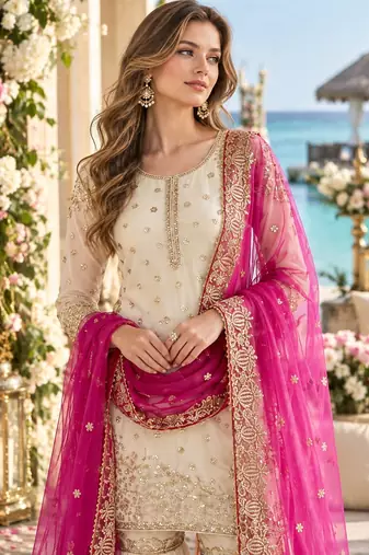 white&pink silk blend readymade suit with embroidery & sequence work