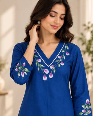 Royal blue cotton blend handpainted kurta set 4