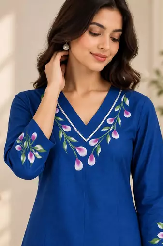 Royal blue cotton blend handpainted kurta set