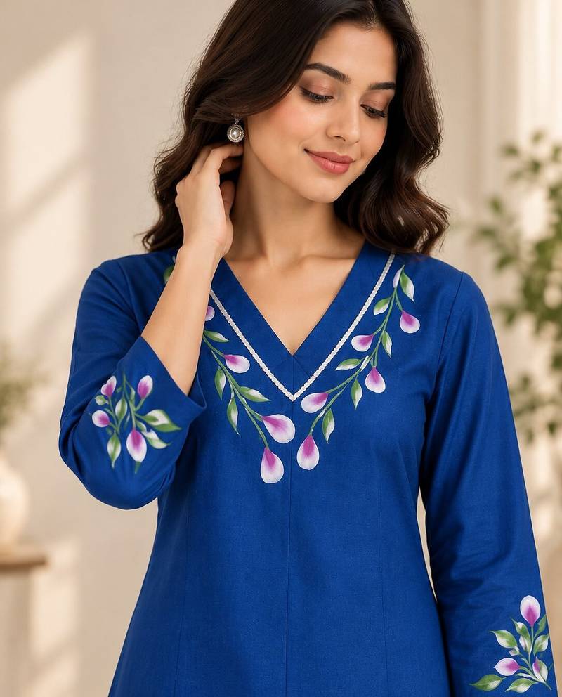 Royal blue cotton blend handpainted kurta set