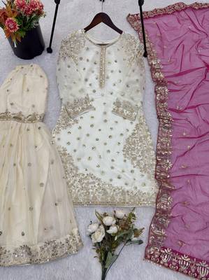white&pink silk blend readymade suit with embroidery & sequence work 3