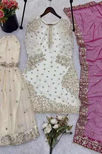 white&pink silk blend readymade suit with embroidery & sequence work