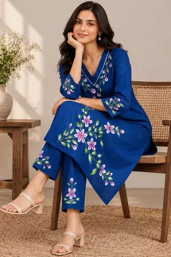 Royal blue cotton blend handpainted kurta set