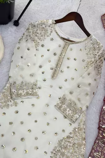 white&pink silk blend readymade suit with embroidery & sequence work
