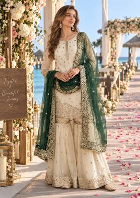white&d green silk blend readymade suit with embroidery & sequence work 1