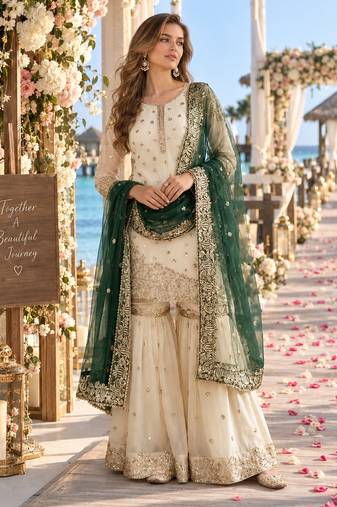 white&d green silk blend readymade suit with embroidery & sequence work