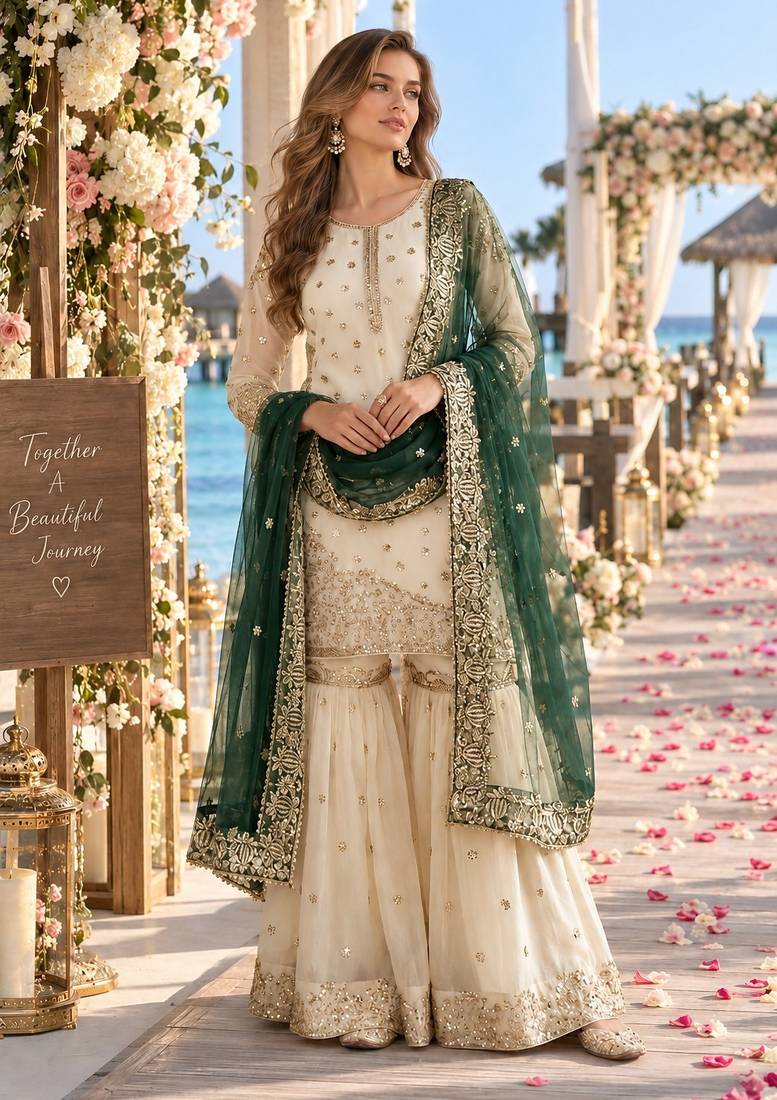white&d green silk blend readymade suit with embroidery & sequence work