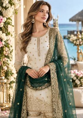 white&d green silk blend readymade suit with embroidery & sequence work 2