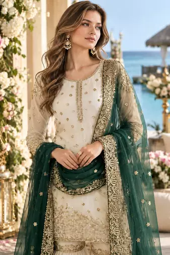 white&d green silk blend readymade suit with embroidery & sequence work
