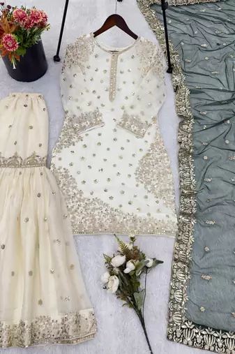 white&d green silk blend readymade suit with embroidery & sequence work