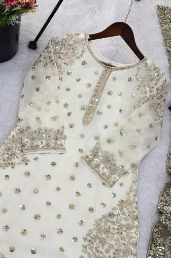 white&d green silk blend readymade suit with embroidery & sequence work