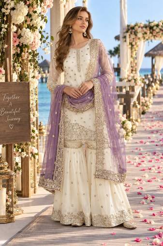 white&purple silk blend readymade suit with embroidery & sequence work
