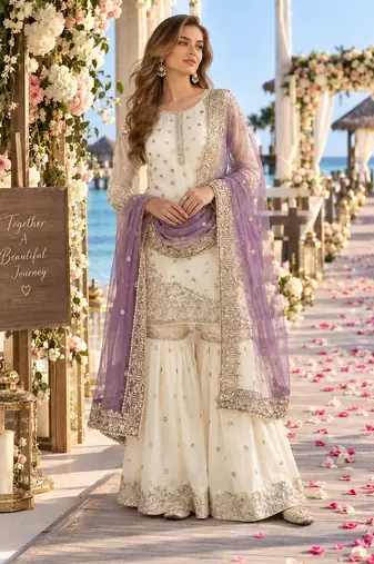 white&purple silk blend readymade suit with embroidery & sequence work