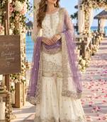white&purple silk blend readymade suit with embroidery & sequence work