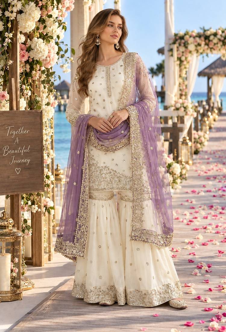 white&purple silk blend readymade suit with embroidery & sequence work