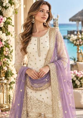 white&purple silk blend readymade suit with embroidery & sequence work 2