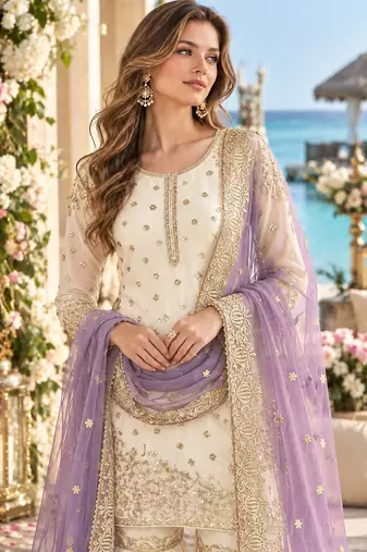 white&purple silk blend readymade suit with embroidery & sequence work