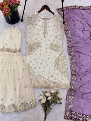 white&purple silk blend readymade suit with embroidery & sequence work 3