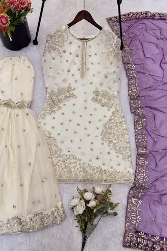 white&purple silk blend readymade suit with embroidery & sequence work