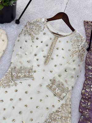 white&purple silk blend readymade suit with embroidery & sequence work 4