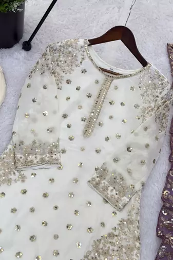 white&purple silk blend readymade suit with embroidery & sequence work