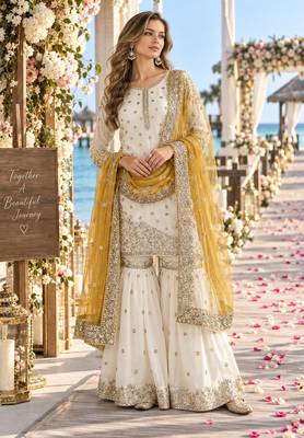 white&yellow silk blend readymade suit with embroidery & sequence work 1