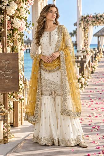 white&yellow silk blend readymade suit with embroidery & sequence work