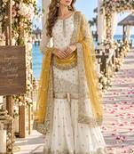 white&yellow silk blend readymade suit with embroidery & sequence work