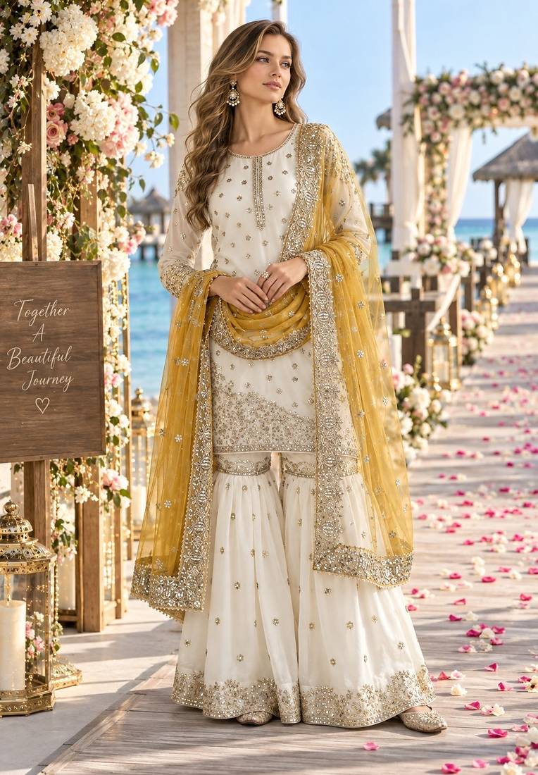 white&yellow silk blend readymade suit with embroidery & sequence work